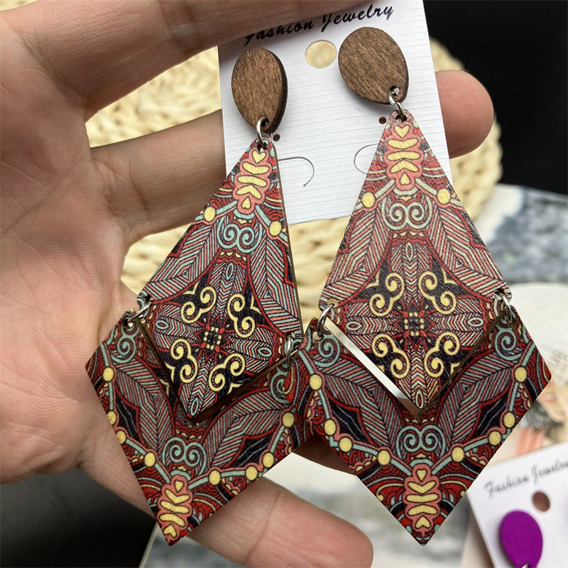Wholesale Rhombus Vintage Wood Earrings